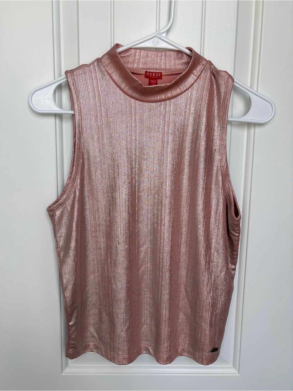 Guess Y2K Metallic Rose Gold Sleeveless Mock Neck Top Small Stretch Going Out